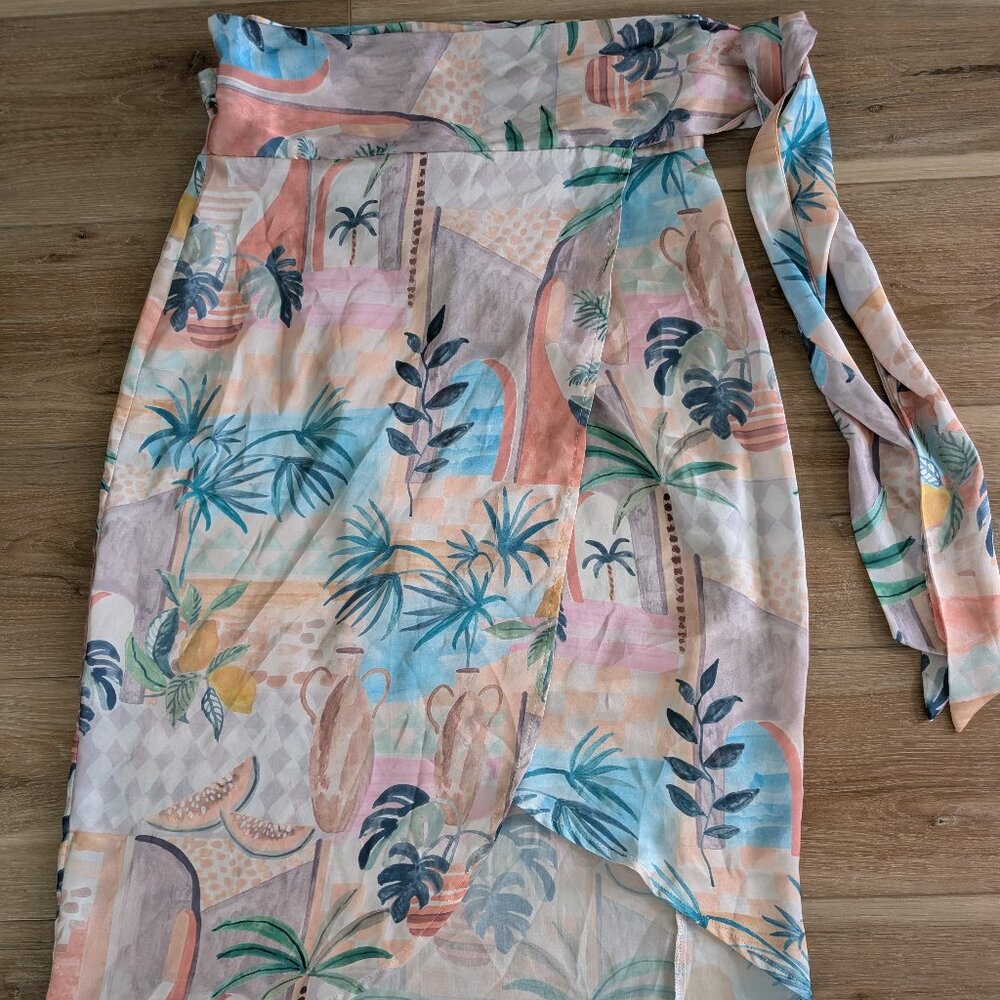 Dress Forum Tropical Palm Print Satin Wrap Midi Skirt - Size S
